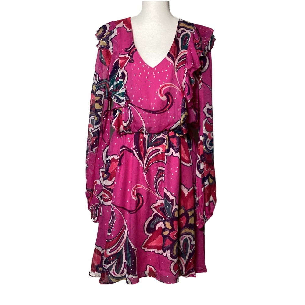Trina Turk Silk Floral Boho Women Dress Medium Pink Gold Metallic Ruffle V-Neck